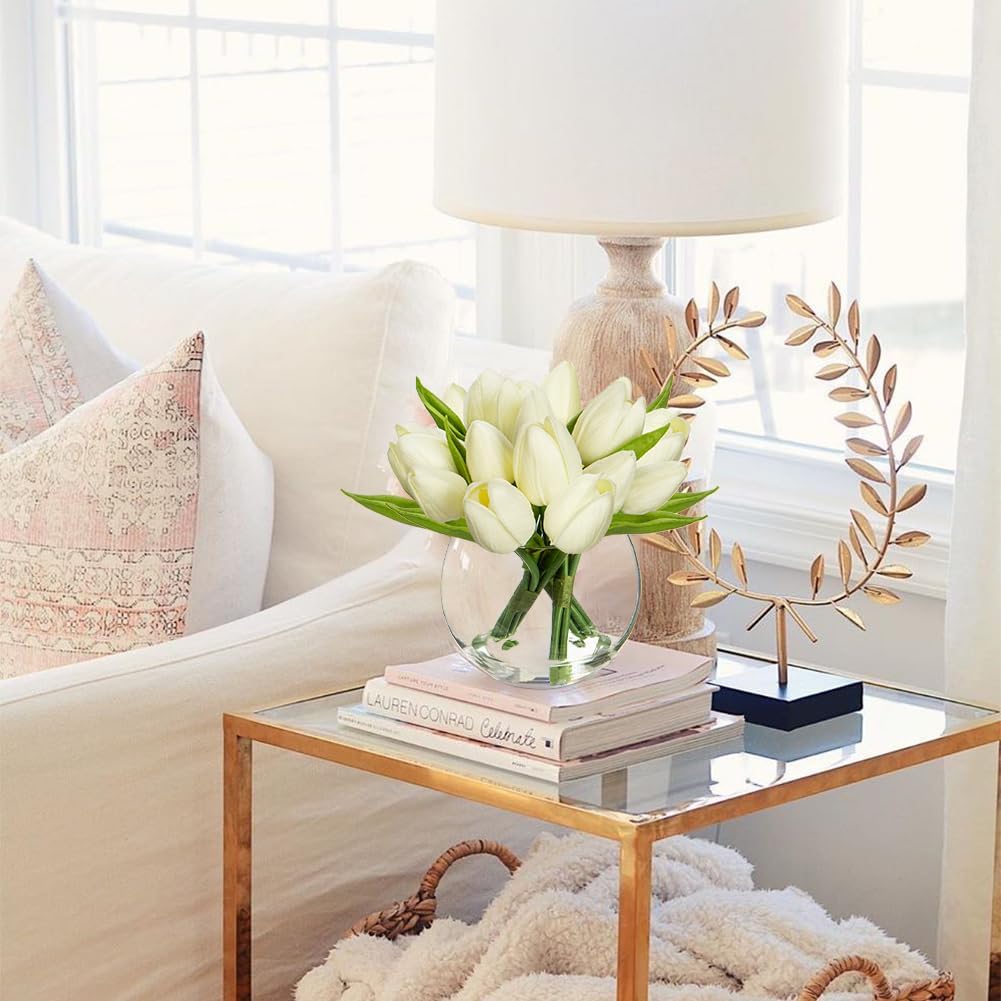 Artificial White Tulips in Vase with Faux Water 6" Real Touch Flowers Fake Tulips Small Flowers Arrangement in Round Glass Vase for Mother's Day Table Centerpiece Wedding Home Decor