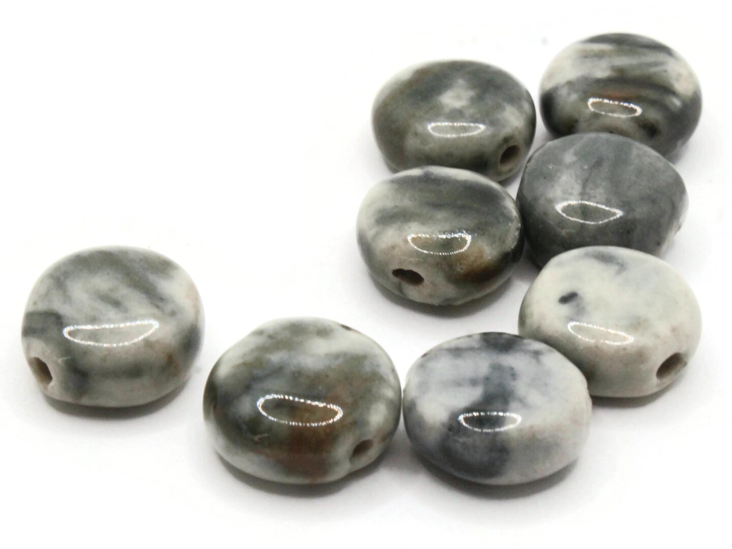 8 15mm Light and Dark Gray Ceramic Coin Large Hole Beads