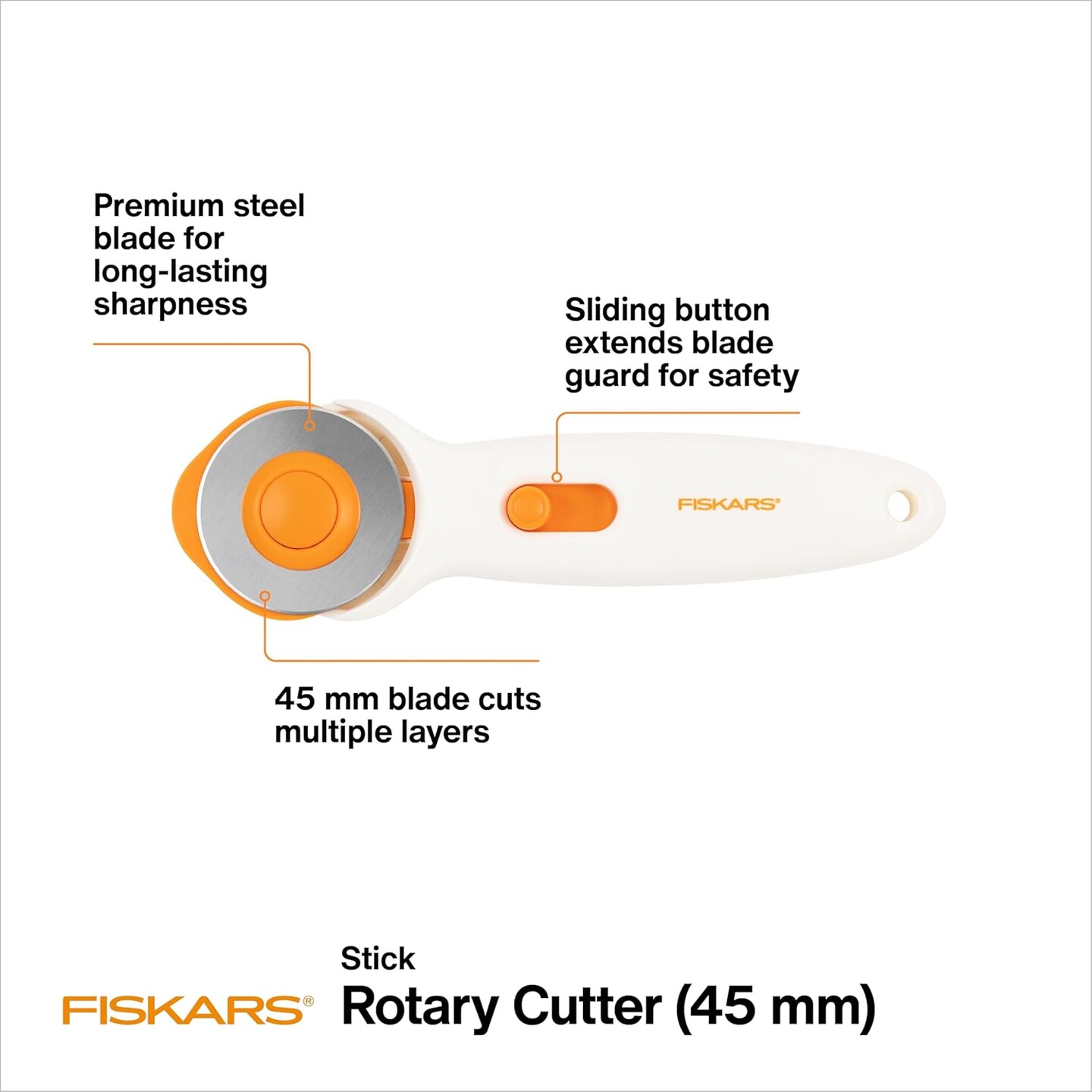 45mm Rotary Cutter for Fabric, Premium Steel Stick Fabric Cutter Cuts Through Multiple Layers, Right and Left Handed, Easy and Safe Blade Change, Arts and Crafts, Sewing and Quilting Tools