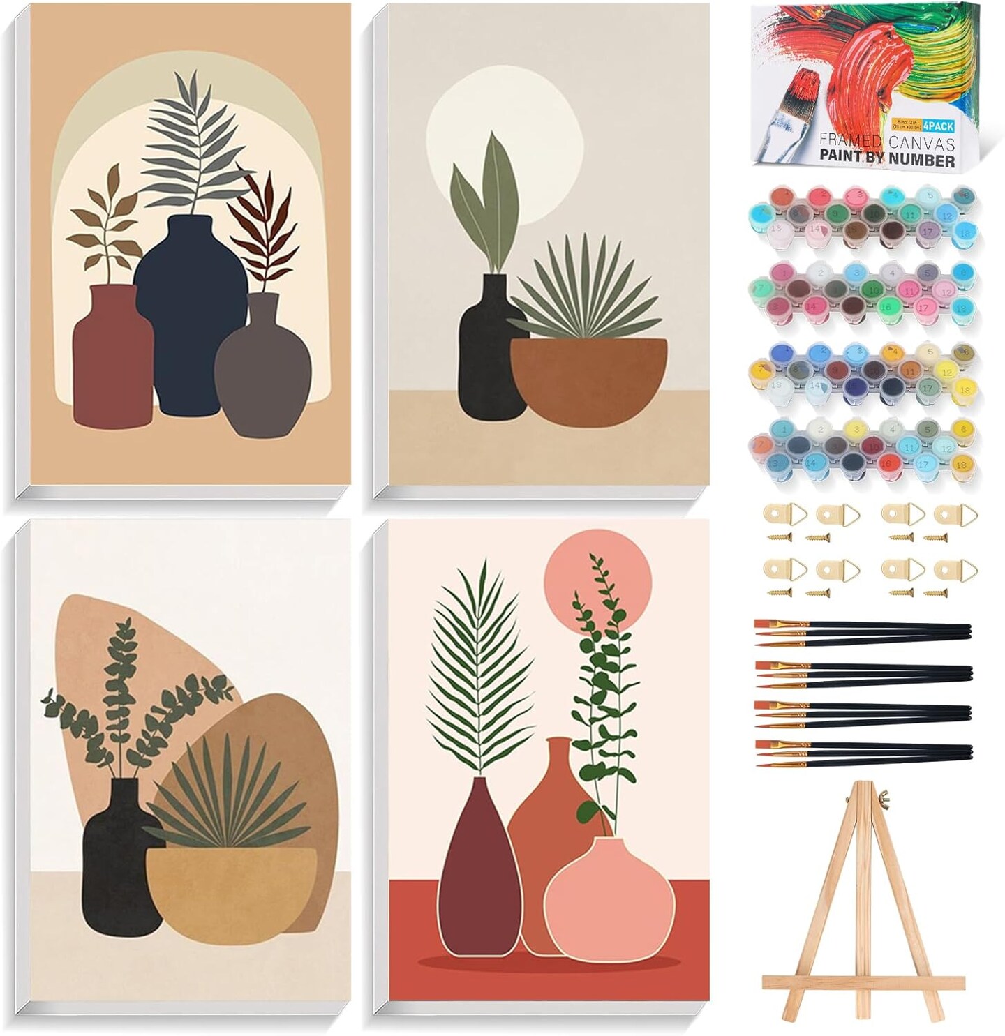 4 Pack Framed Paint by Numbers Kit for Adults Beginners with Wooden Easel, DIY Simple Paint by Number Kit with Frame, Painting by Numbers for Home Wall Decor, 8x12 inch