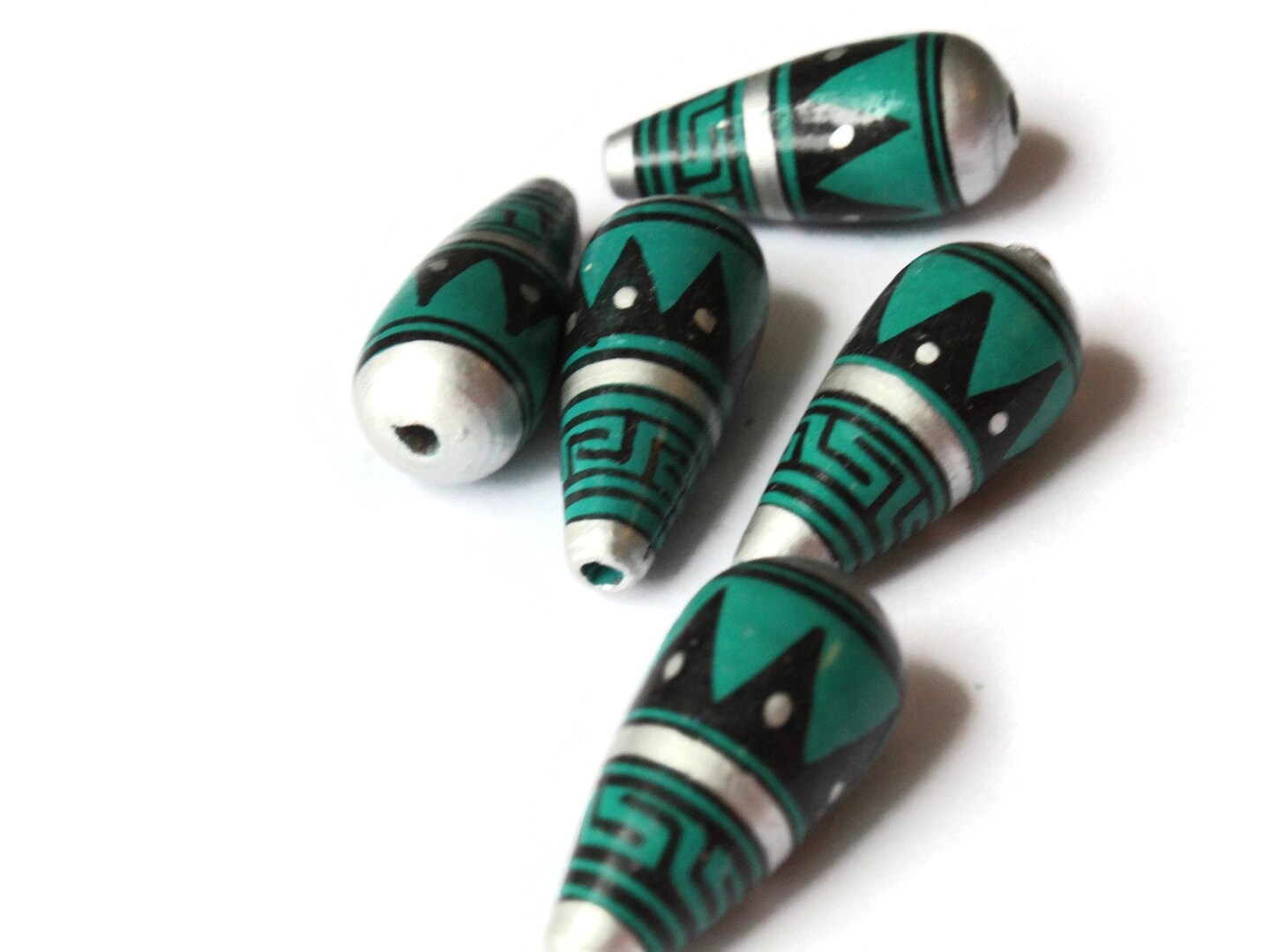 5 28mm Vintage Painted Peruvian Clay Beads - Teal, Silver, and Black Patterned Teardrop Beads