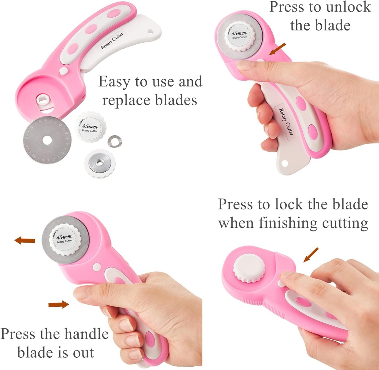 45mm Rotary Cutter with 5pcs Extra Blades, Ergonomic Handle Rolling Cutter with Safety Lock for Fabric, Leather, Crafting, Sewing, Quilting, Fabric Rotary Cutter Perfect for Left &#x26; Right Hand(Pink)