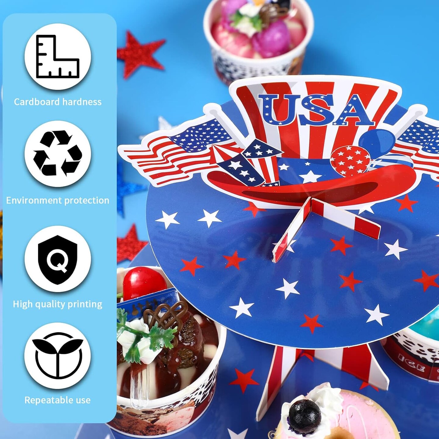 4th of July Cupcake Stand 3 Tier Patriotic Cardboard Cup Cake Holder Stand Independence Day Dessert Tower Display USA American Flag Star Pastry Serving Platter for Veterans Day Memorial Day Decor