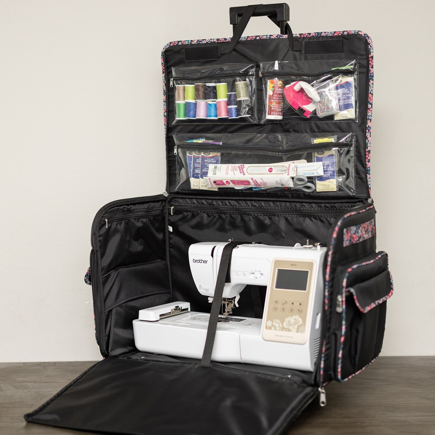 Everything Mary XXL Rolling Sewing Tote Sewing Machine Case | Black Floral