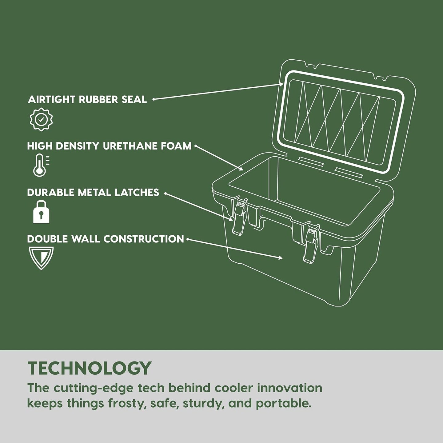IRIS USA Hugel 44 QT Cooler, Heavy Duty Metal Buckles, Vacuum-Insulated Ice Chest, Durable Hard Cooler, Bungee Strap, Built-in Handles, Light Gray