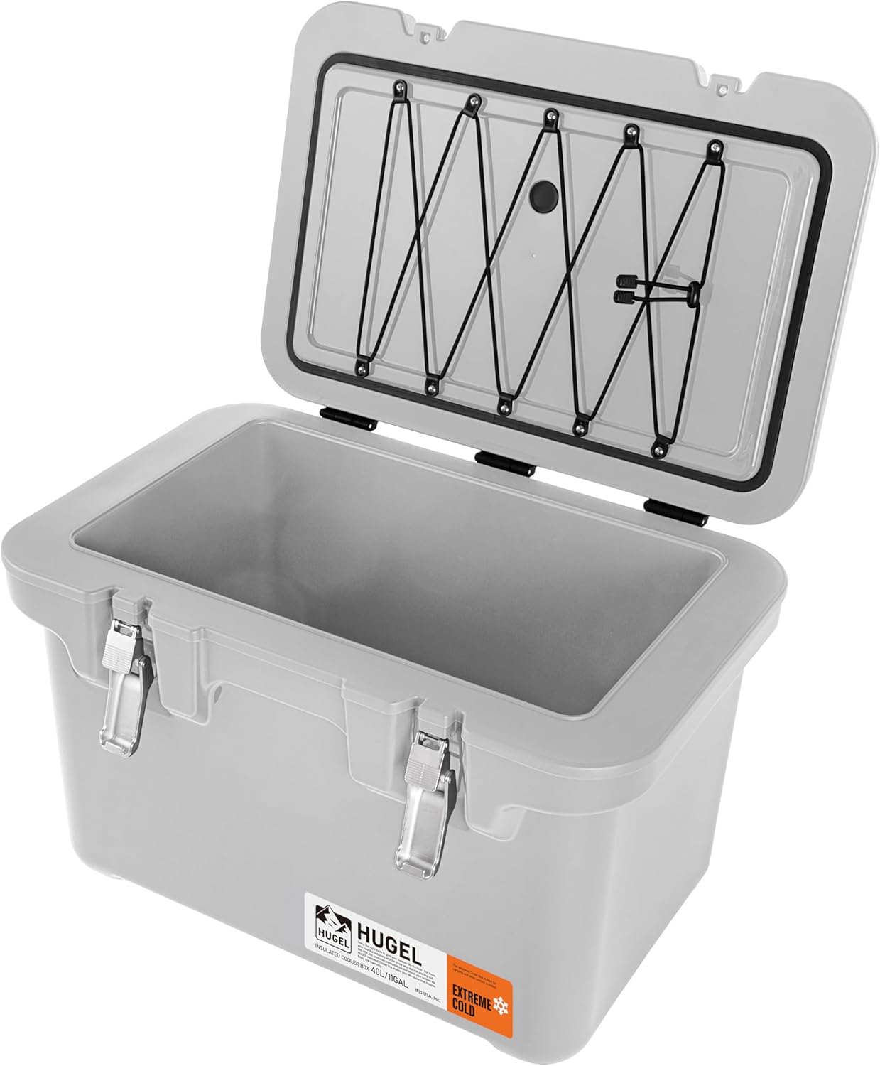 IRIS USA Hugel 44 QT Cooler, Heavy Duty Metal Buckles, Vacuum-Insulated Ice Chest, Durable Hard Cooler, Bungee Strap, Built-in Handles, Light Gray