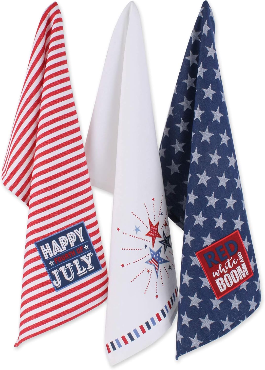 Patriotic Dish Towel Set – 3 Decorative Kitchen Towels, 18x28, Red, White & Blue “Boom” Design