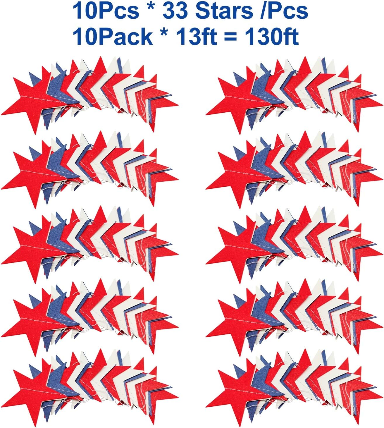 10-Pack Patriotic Star Garland (130ft) - Red, White & Blue 250th Anniversary Streamers
