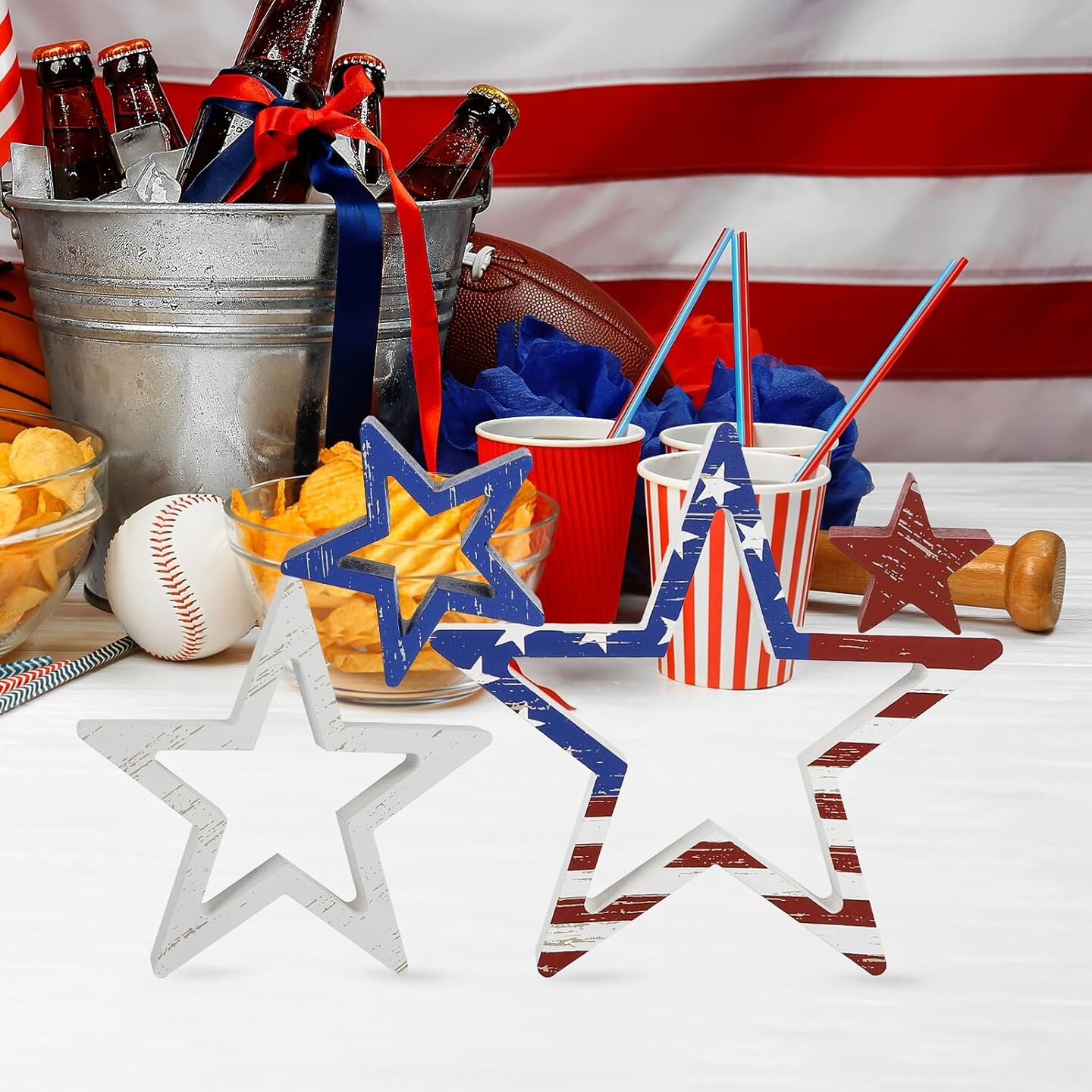 4th of July Patriotic Stars Set of 4 – Red, White & Blue Retro Flag Decor for Home, Office, Table, or Shelf