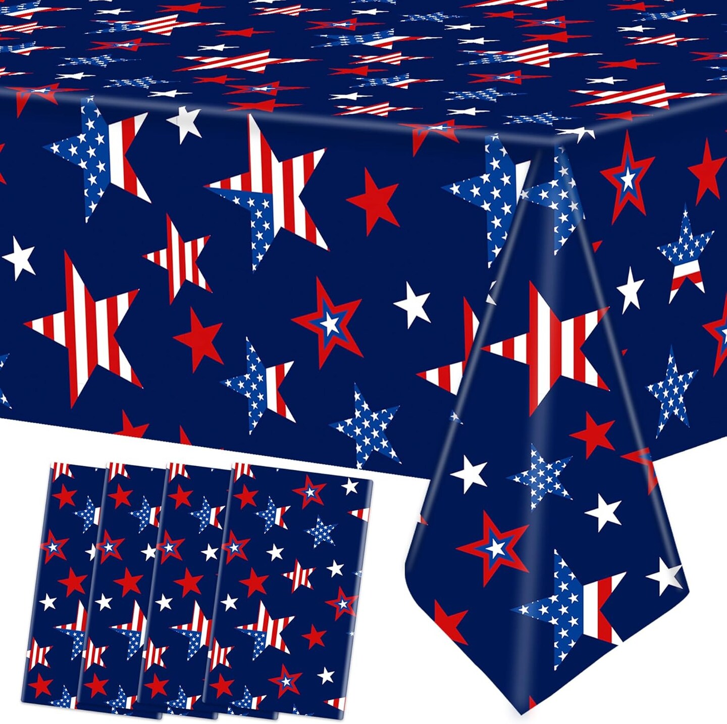 4 Pcs Patriotic Plastic Tablecloth Red White Blue Star Disposable Table Covers 54 x 108 Inch Rectangle Tablecloths