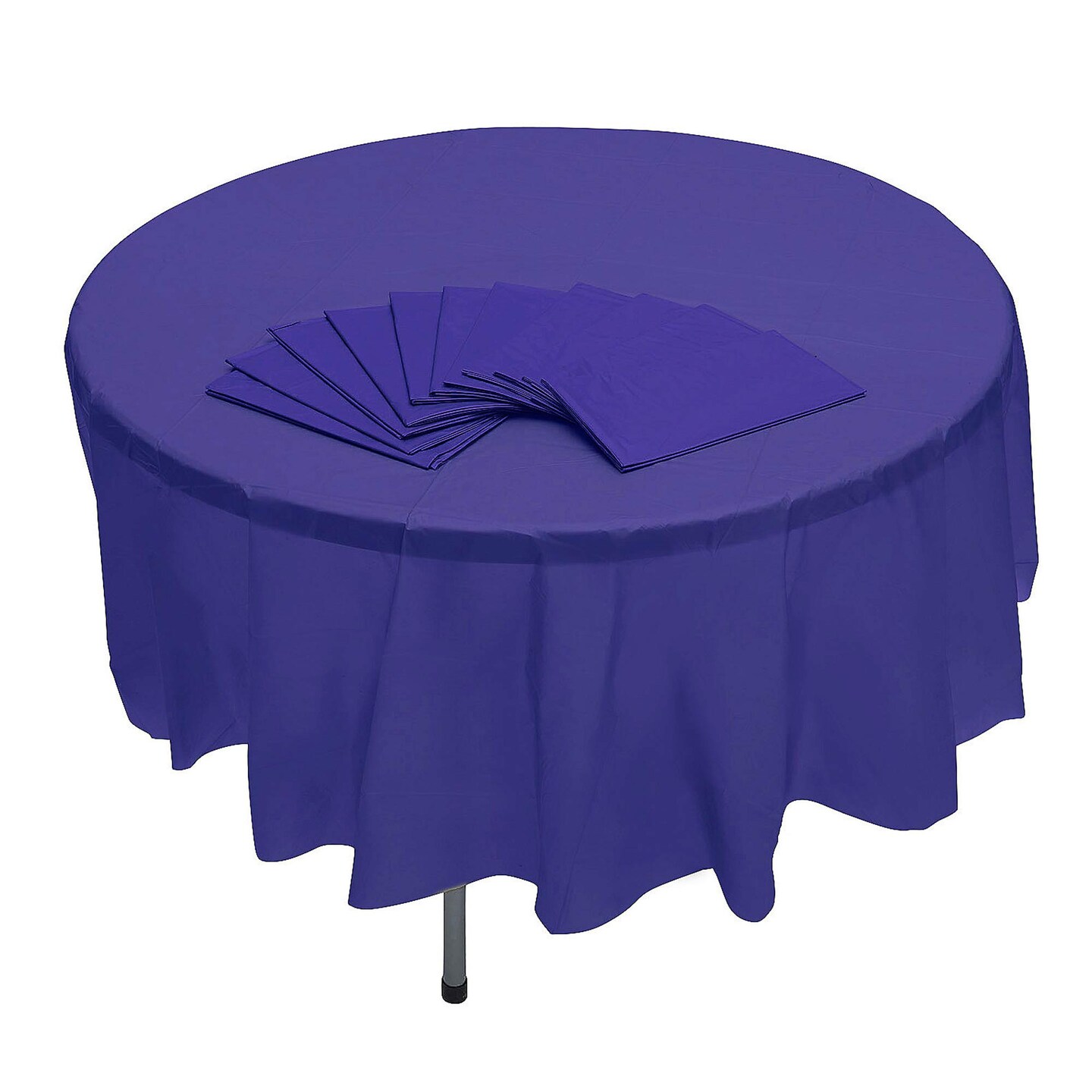 82" Bulk 12 Pc. Purple Banquet-Style Round Disposable Plastic Tablecloths