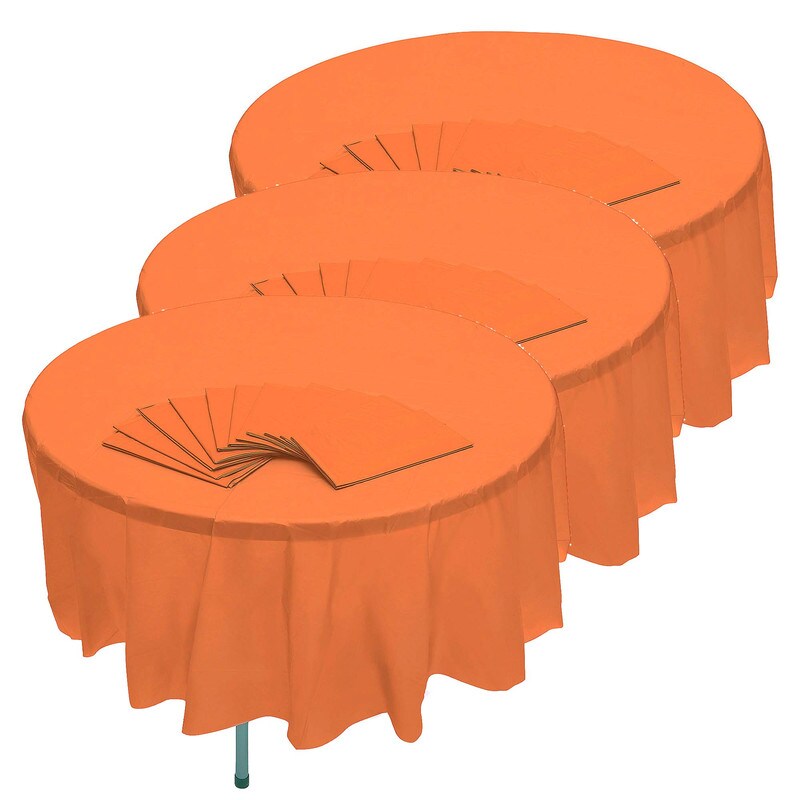 82" Bulk Pack of 12 Orange Banquet-Style Round Disposable Plastic Tablecloths