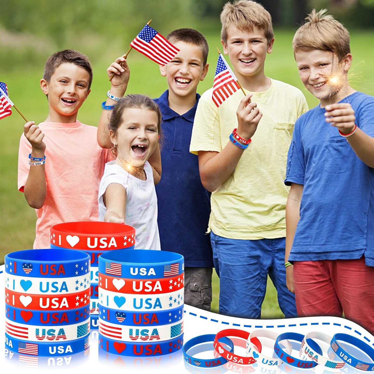 24pcs 4th of July Party Favors Silicone Bracelets USA American Flag Red White and Blue Rubber Wristbands for Patriotic Independence Day Party Gifts Holiday Decorations Supplies