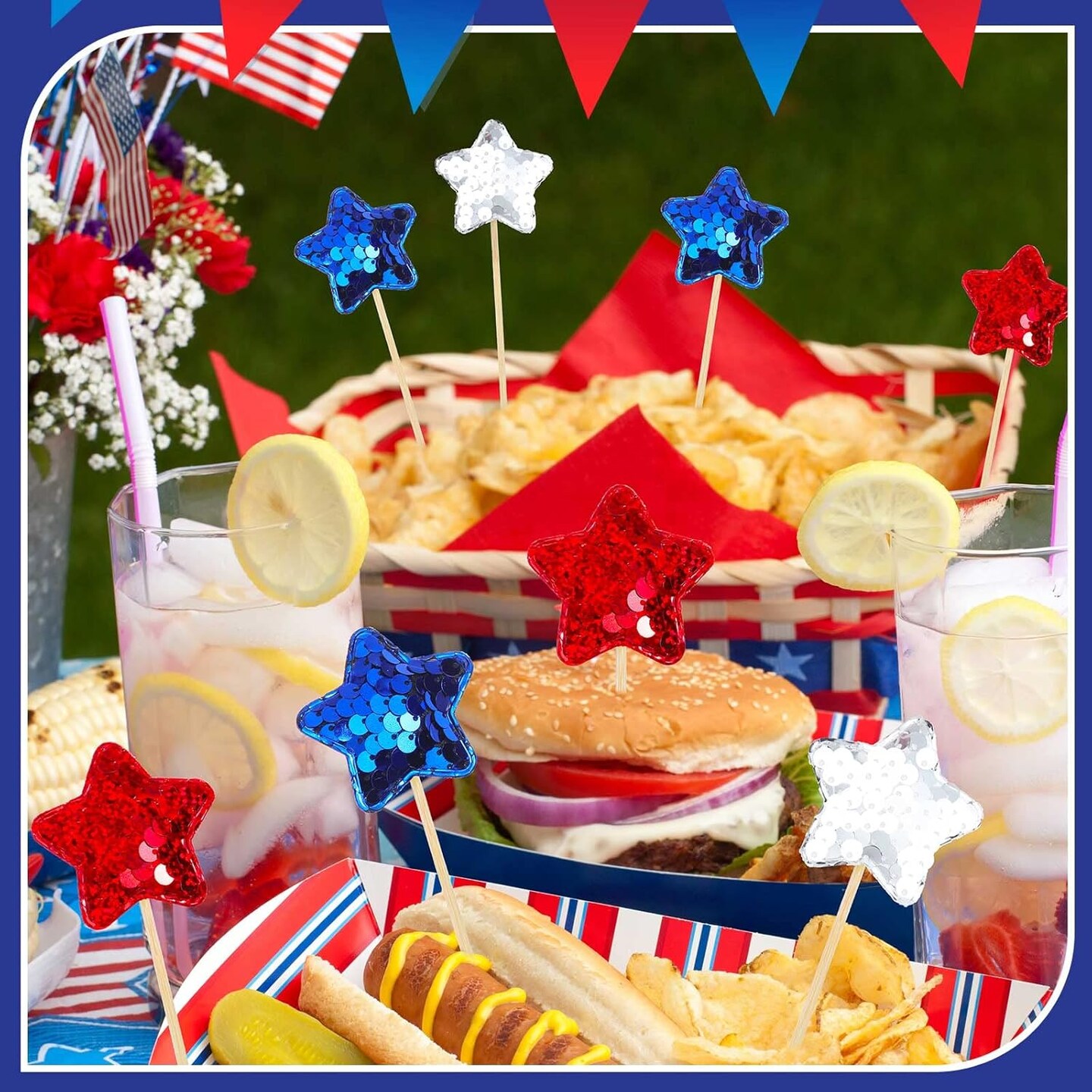 120 Pcs Glitter Star 4th of July Cupcake Toppers Patriotic Cupcake Toppers Glitter Independence Day Cupcake Picks Blue Red Silver Cupcake Toppers for Independence Day Party Supplies Favors