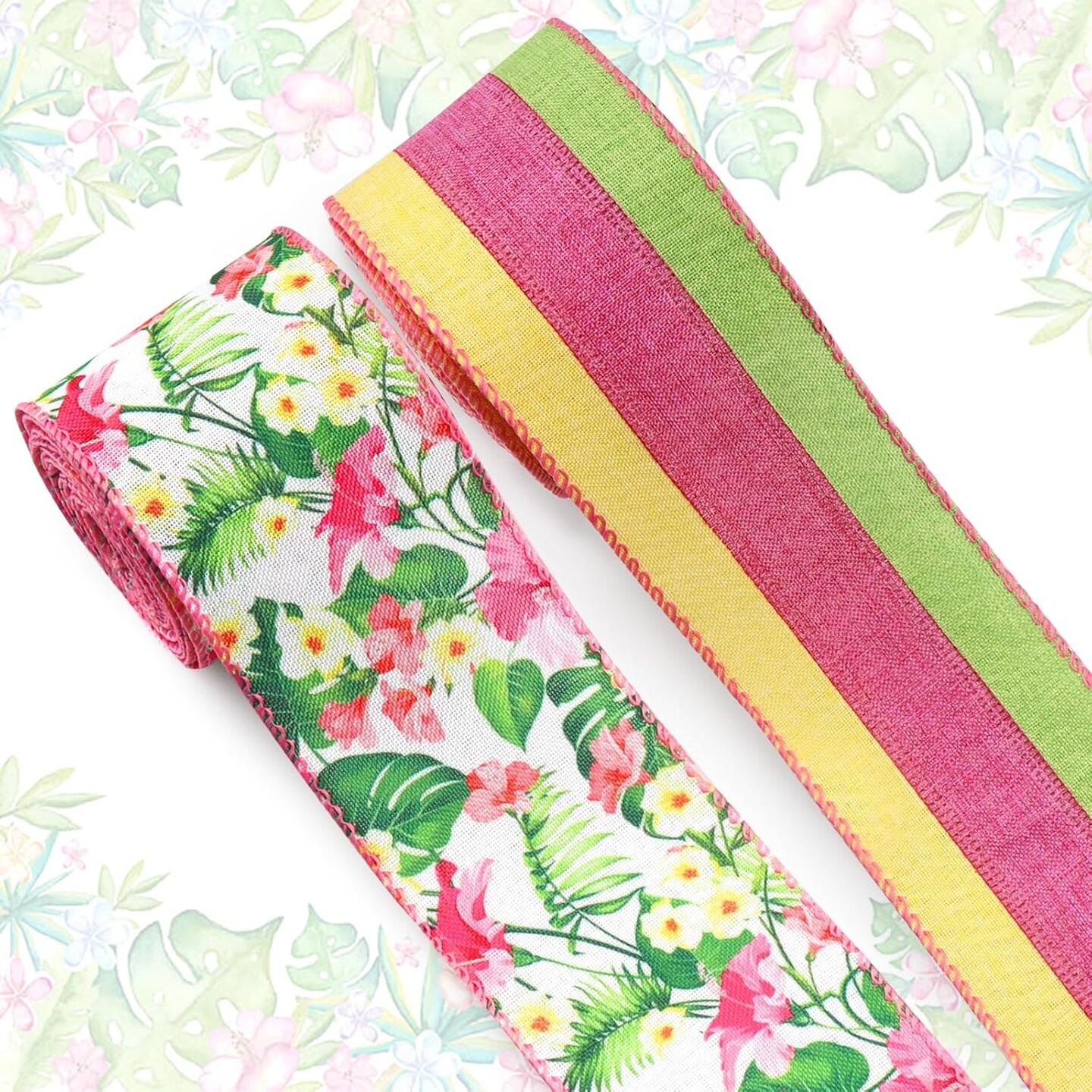 2 Rolls Spring Craft Ribbons, 2.5"10 Yards Wired Edge Yellow Pink Burlap Ribbons with Flowers & Leaves for Wreath Bows