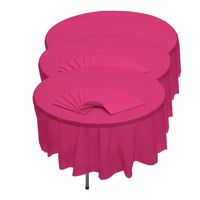 82&#x22; Bulk Pack of 12 Hot Pink Banquet Style Round Disposable Plastic Tablecloths