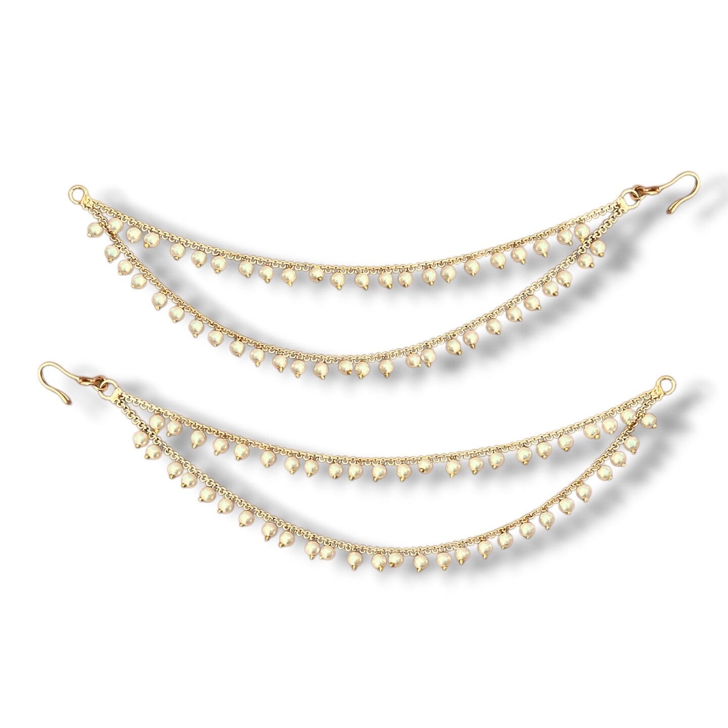 Indian Traditional Ear Chains for Women - Indian Jewellery for Earring Support Double Layered Long Gold Tone Earring Chain Ear to Hair Chain Jewelry Faux Pearl Hair Accessory Bridal Jewelry