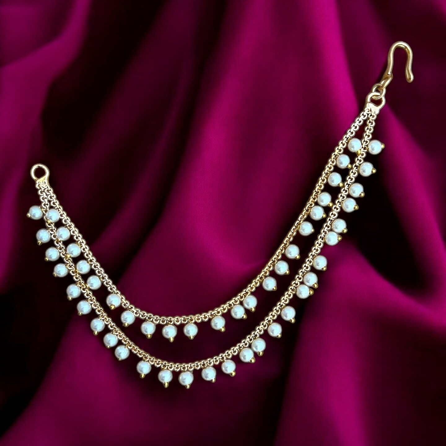 Indian Traditional Ear Chains for Women - Indian Jewellery for Earring Support Double Layered Long Gold Tone Earring Chain Ear to Hair Chain Jewelry Faux Pearl Hair Accessory Bridal Jewelry