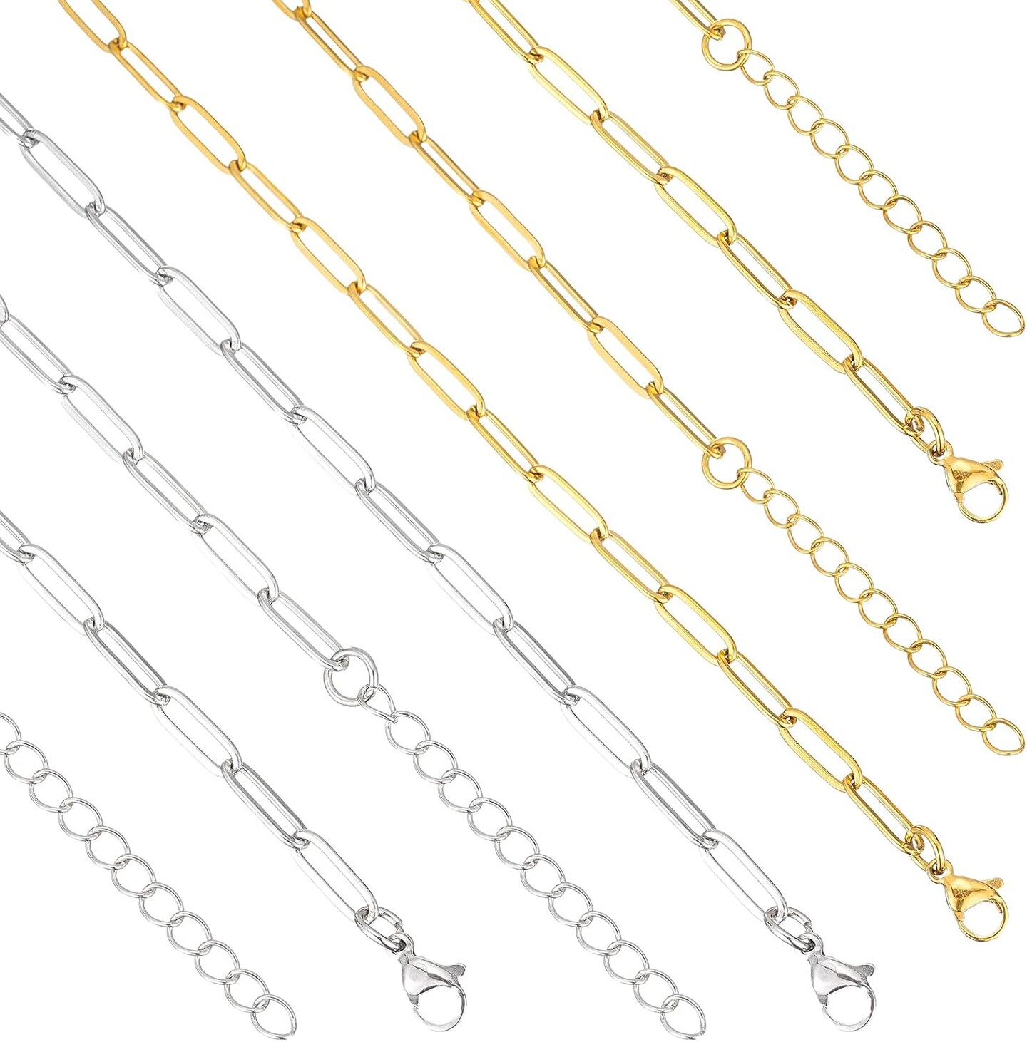 16 Pack Charm Bracelet Chain Bulk Gold Plated Stainless Steel Paperclip Chains Bracelets for DIY Jewelry Making