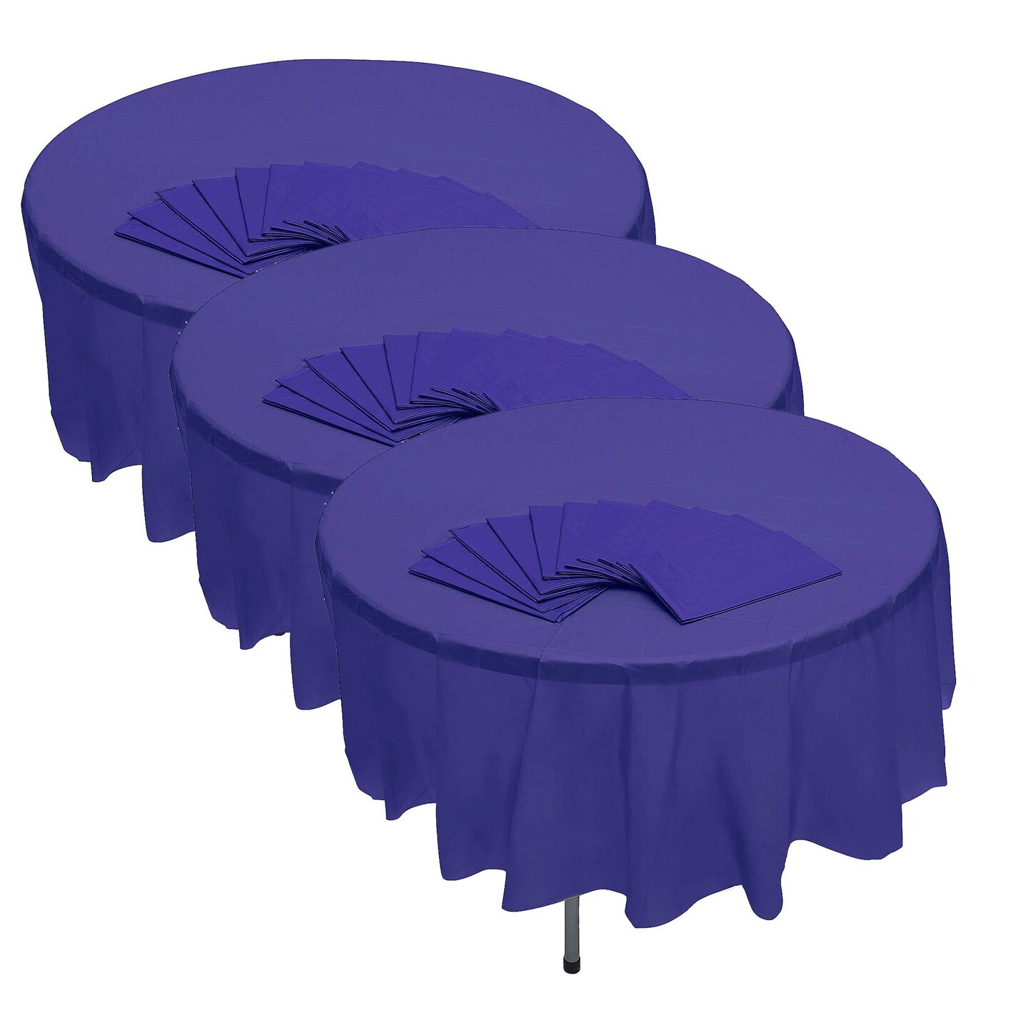 82" Bulk 12 Pc. Purple Banquet-Style Round Disposable Plastic Tablecloths