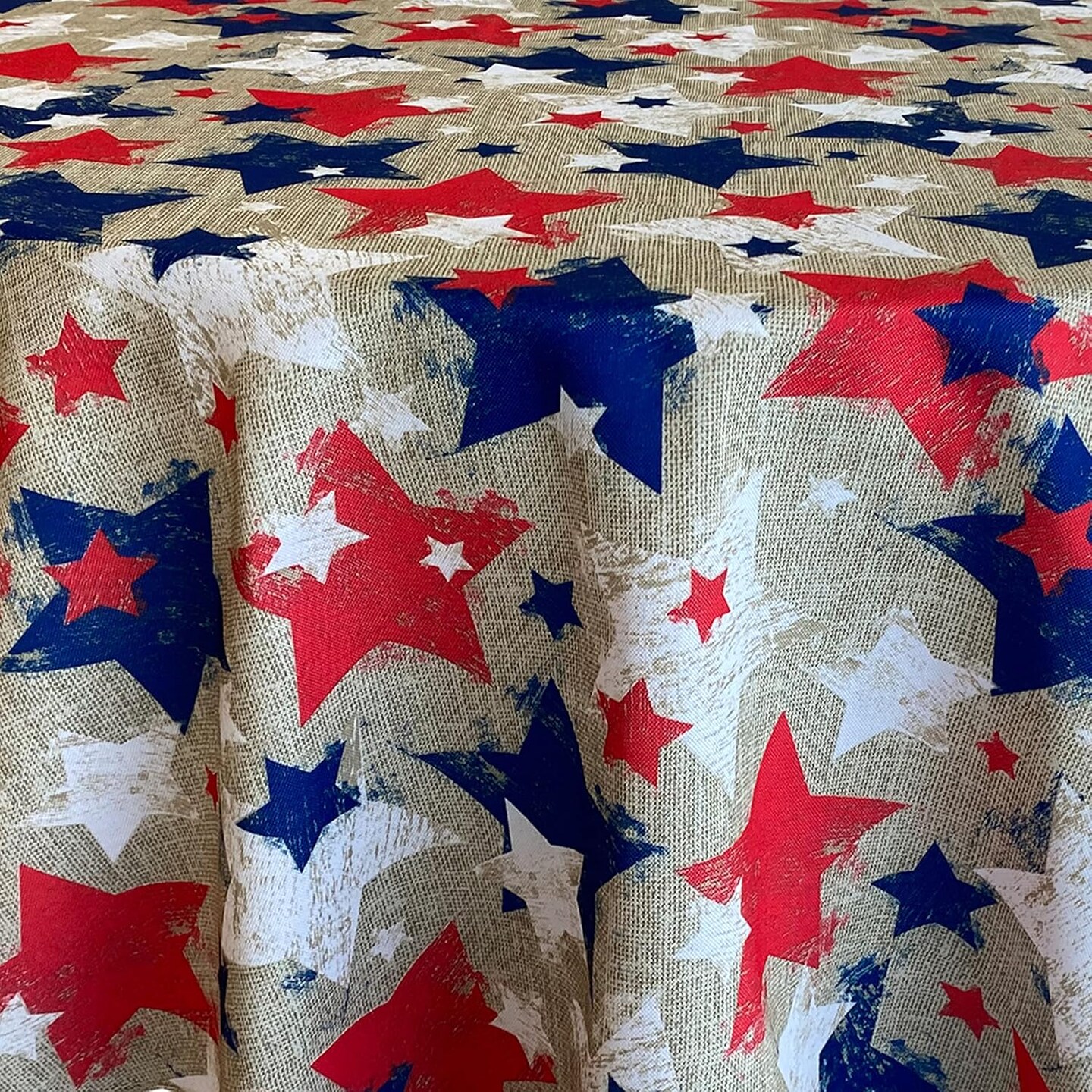 Rectangle Fabric Tablecloth, 52 x 70 Inch, Burlap Stars, Indoor Outdoor Stain Resistant Fabric Table Cover for Barbecue Parties and Dining, Patriotic Americana