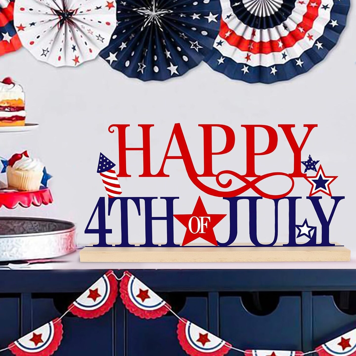 Metal Happy 4th of July Sign, Red Blue and White Decorations for Home, Office, Shelf, Mantel, Indoor, Fouth of July Decoration, Patriotic Star Tabletop Decor (Independence Day)