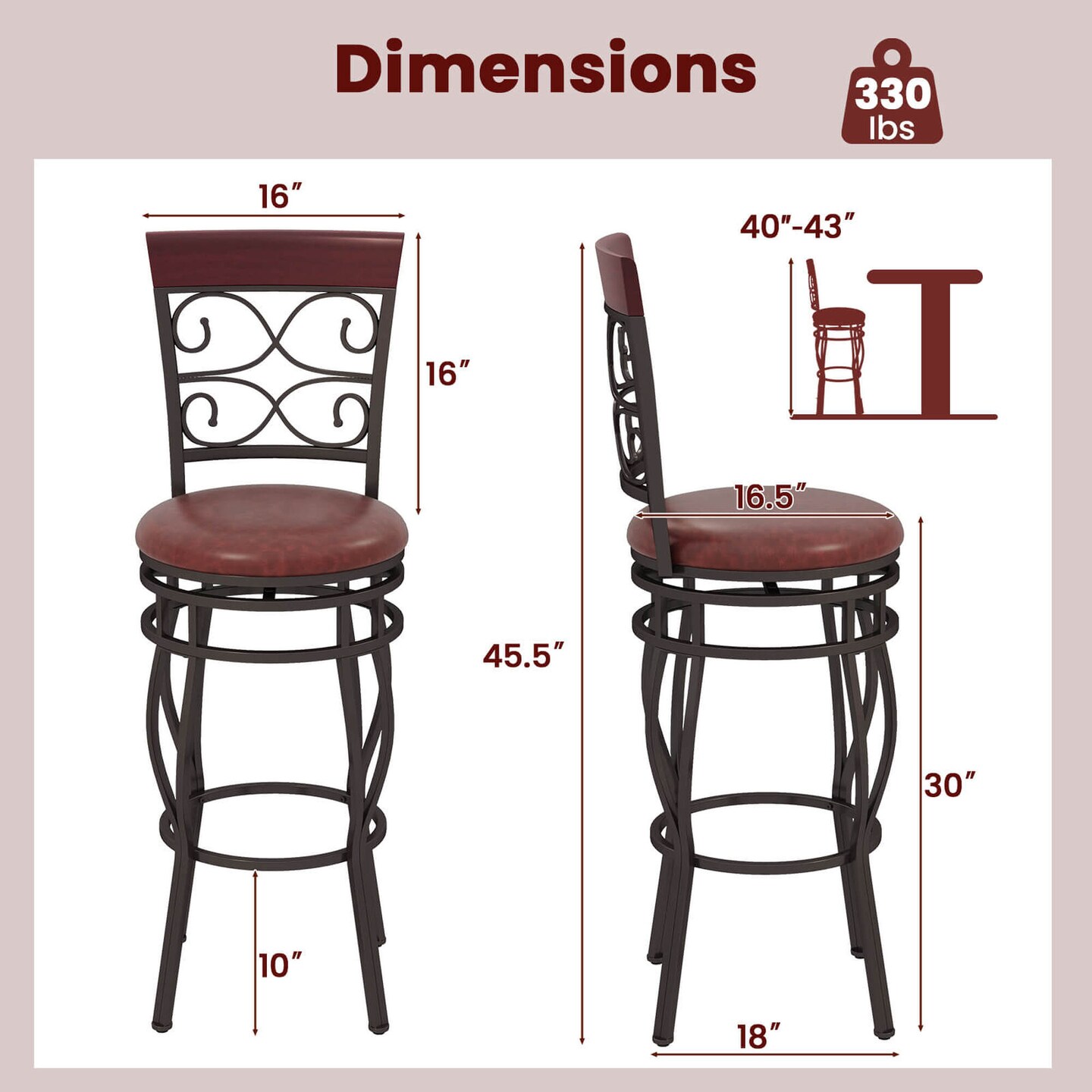 Costway Set of 2 Vintage Bar Stools 30&#x22; Swivel Padded Seat Bistro Dining Kitchen Pub Chair