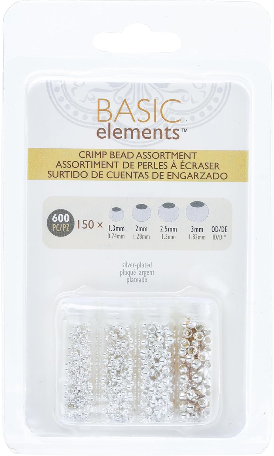 The Beadsmith Basic Elements Crimp Beads, 4 Vials in Assorted Sizes, Silver Color, Uniform Round Shape, No Sharp Edges, Designed to Secure The Ends of Jewelry Stringing Wires and Cables