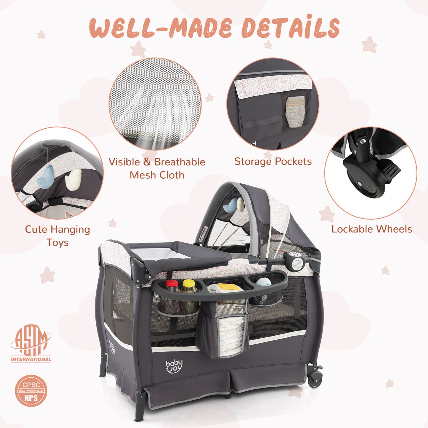 Babyjoy Pack & Play Baby Diaper Changing Table 4 in 1 Portable Foldable with Mattress Carrying Bag Black/Grey/Black+Pink