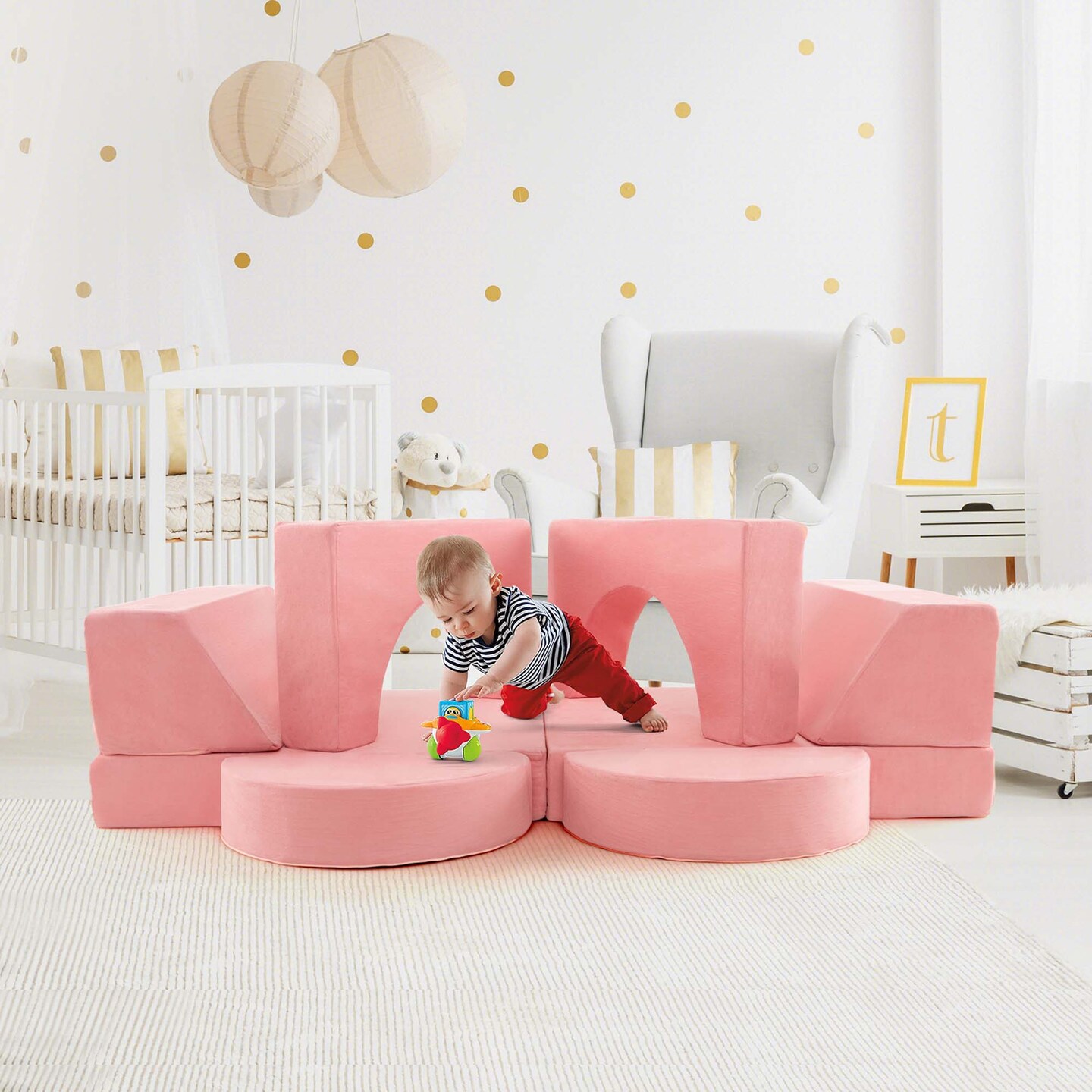 Costway Kids Modular Play Sofa 8 PCS with Detachable Cover for Playroom & Bedroom Indoor Pink/Grey