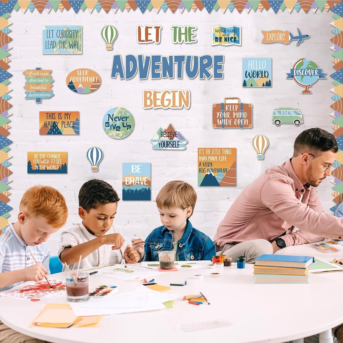 Let the Adventure Begin Bulletin Board Set - Travel Themed Motivational Classroom Decor - World Map & Globe Cutouts for Teachers, Back to School Adventure Wall Decor & Library Displays