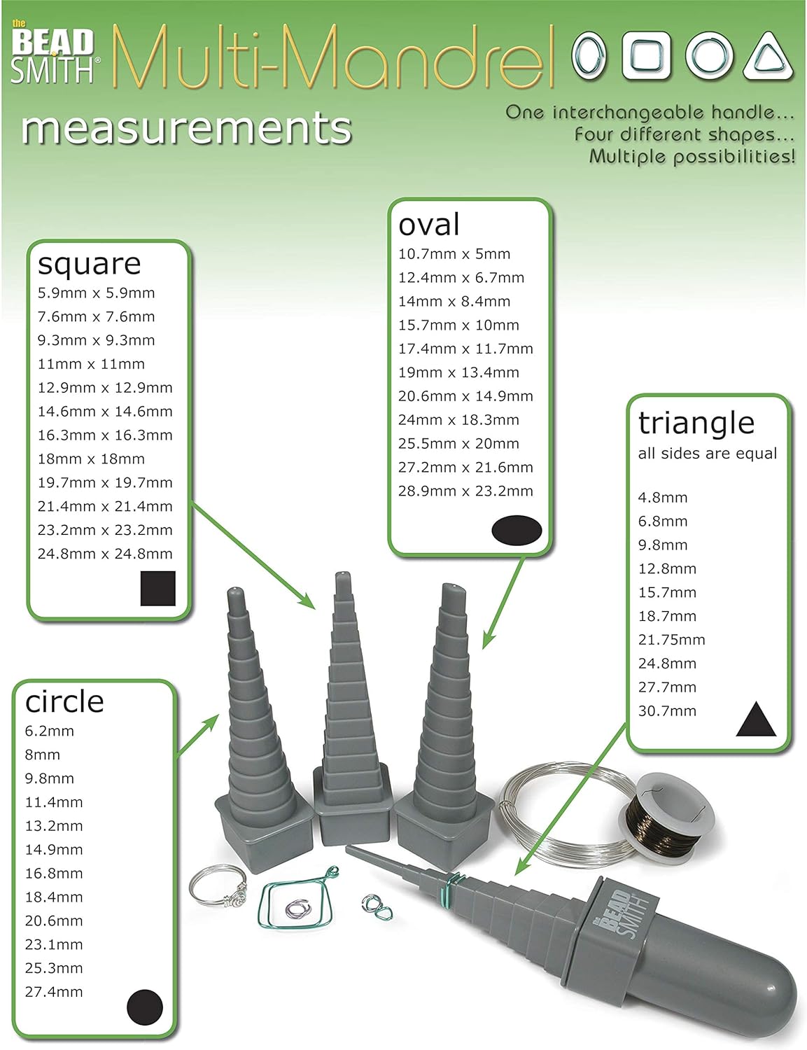 The Beadsmith Mandrel 4X, Wire Wrapping Set, 4 Different Shapes, Oval, Square, Round and Triangle, Plus Interchangeable Handle, Metal Jewelry Forming and Shaping Tool