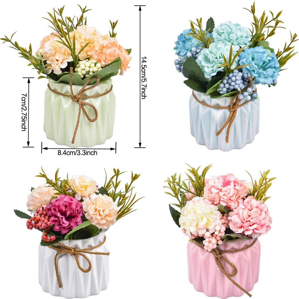Set of 4 Mini Artificial Hydrangea Plants &#x2013; Faux Flowers in Pots for Home &#x26; Office D&#xE9;cor
