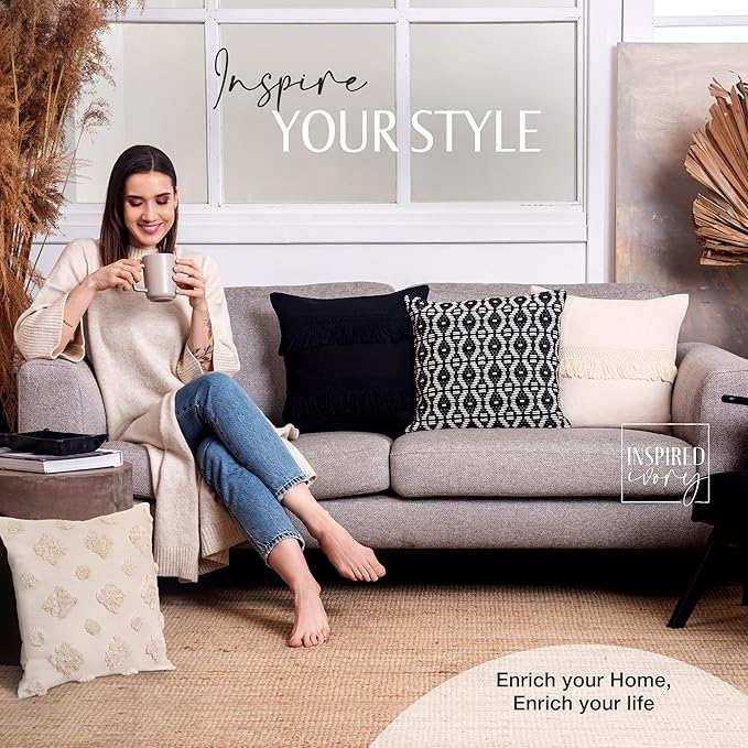 Decorative Boho Throw Pillow Covers 18x18 Inch Set of 4 - Woven Tufted & Tassel Modern Farmhouse Square Pillow Cases - Cushion Cover for Couch Bedroom Living Room (Luxe - Black & Cream)