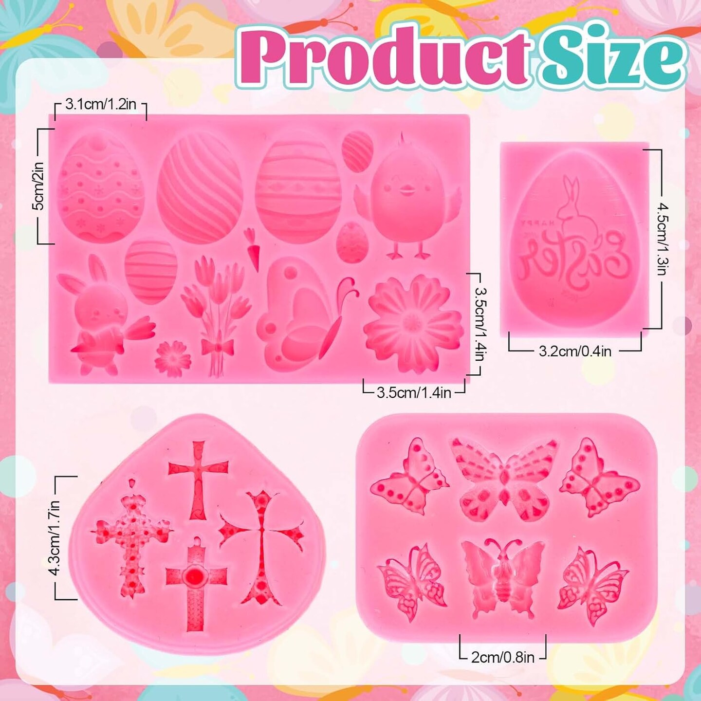 4Pcs Easter Fondant Molds Egg Bunny Rabbit Cross Butterfly Flower Floral Silicone Mold Assorted Chocolate Candy Mould for Spring Birthday Party Baking Sugar Craft Gum Resin Clay
