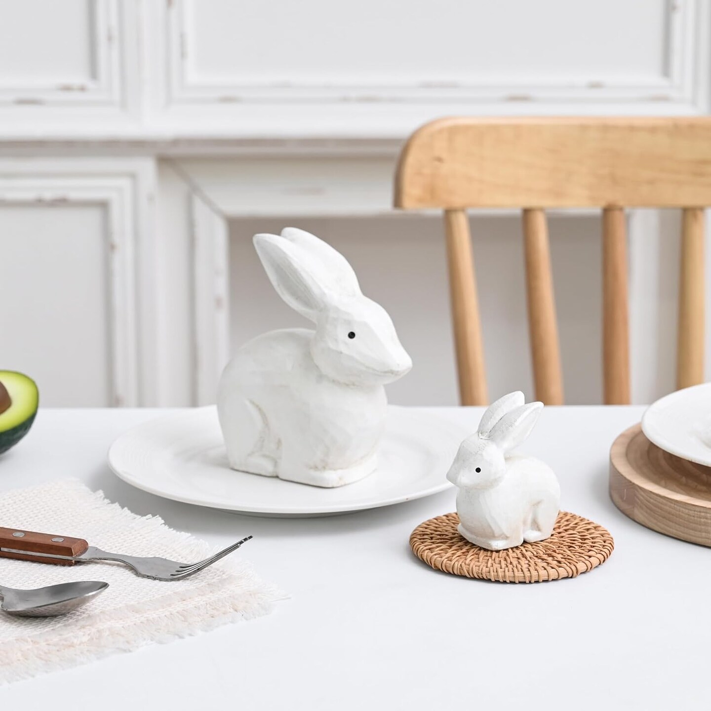 Wooden Rabbit Decor, White Bunny Decor Rabbit Figurines Set of 2