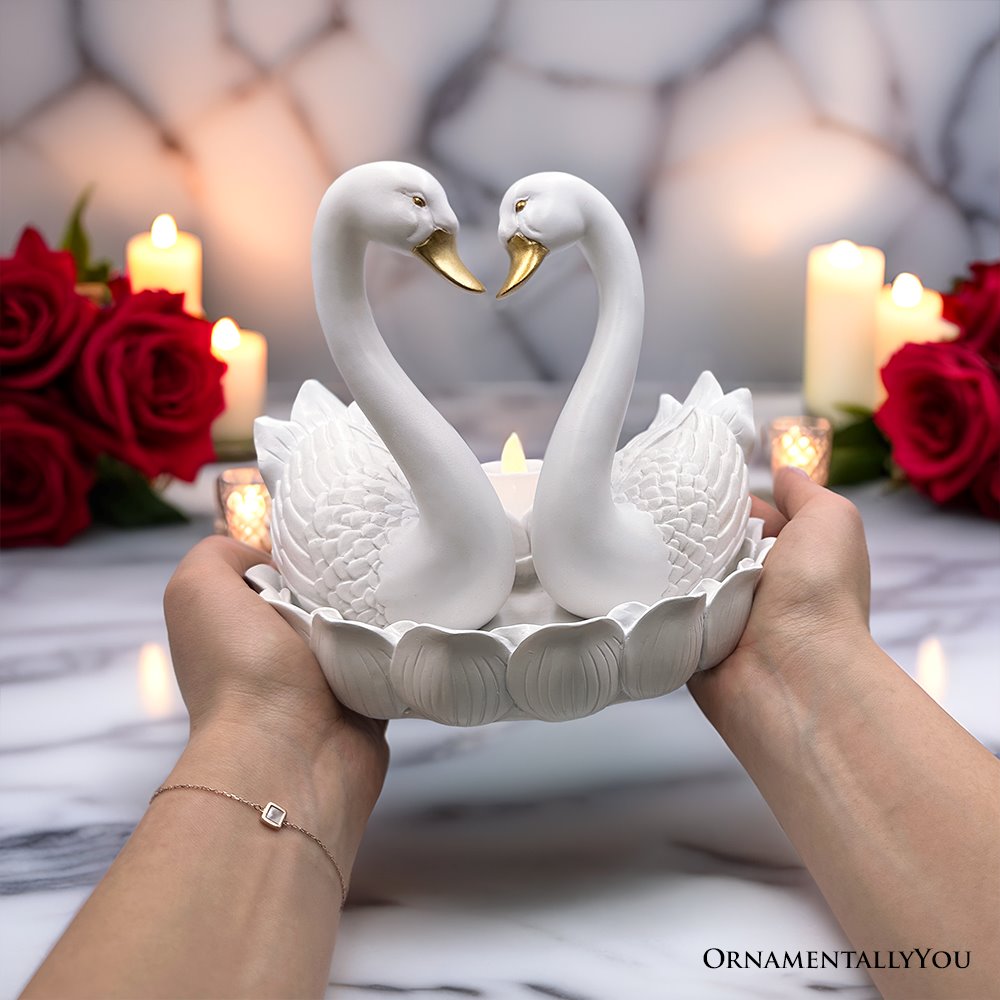 Elegance in Union Swan Figurine and Tealight Candle, 7&#x22; Romantic Couples Gift for Valentine or Anniversary