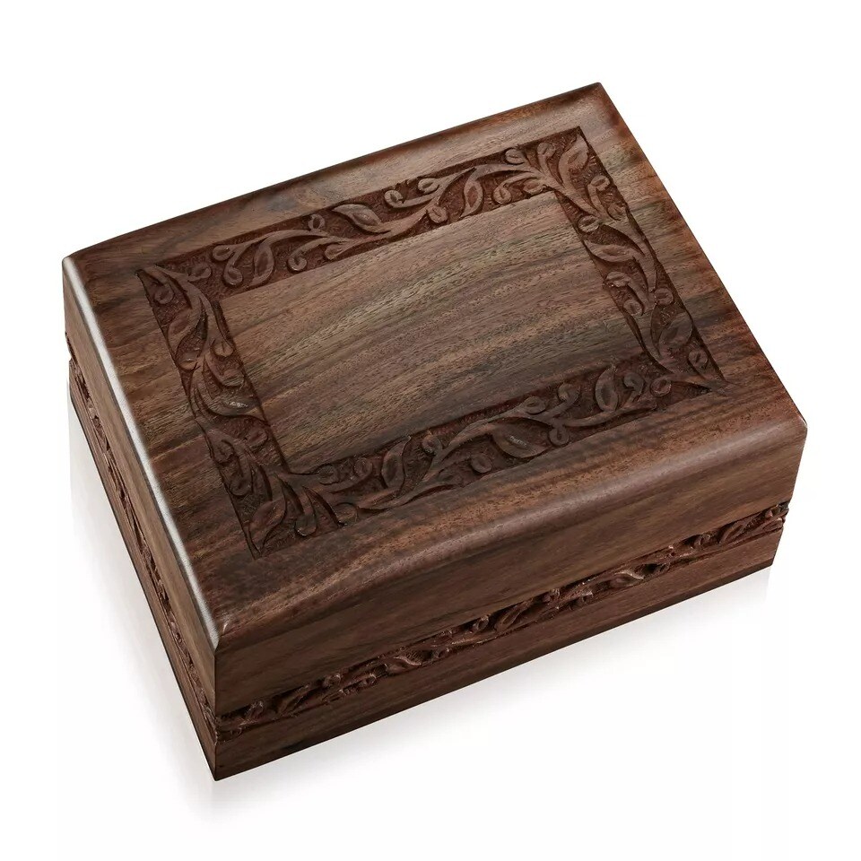 Rosewood Hand-Carved Wood Memorial Cremation Box with Velvet Bag - Medium