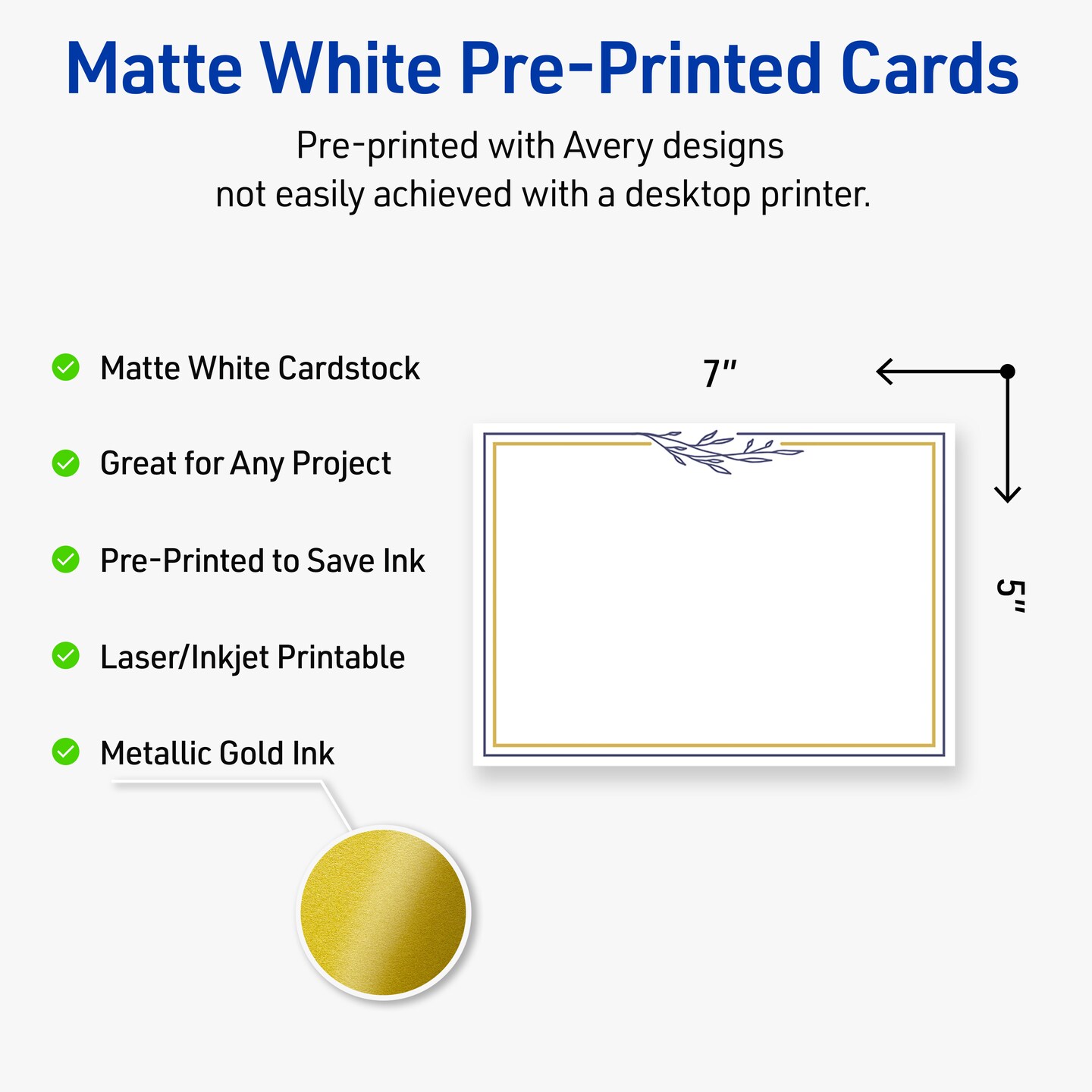 Avery Printable Rectangle Invitation Cards, Gold &#x26; Navy Border with Florals, 5&#x22; x 7&#x22;, Matte White Rectangle Invitation Cards, Laser/Inkjet, 20ct, Great for Invitation Cards