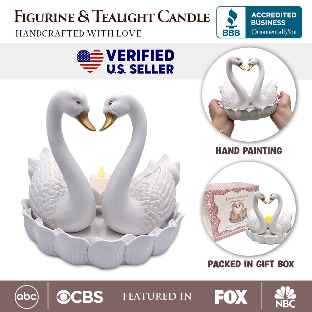 Elegance in Union Swan Figurine and Tealight Candle, 7&#x22; Romantic Couples Gift for Valentine or Anniversary