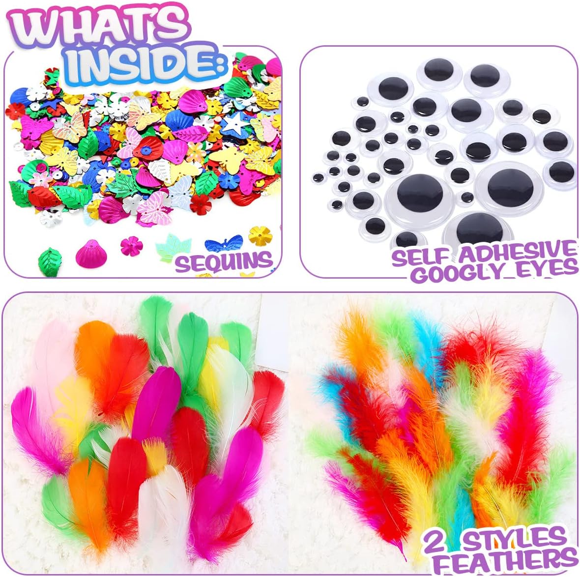 Arts and Crafts Supplies for Kids Including Feathers, Pipe Cleaners