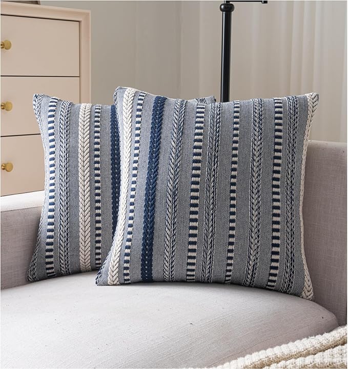 Boho Throw Pillow Covers 20x20 Inch Set of 2, Farmhouse Decorative Couch Pillow Cases, Navy Blue Accent Pillows of Bed, Sofa Bedroom Living Room Home Decor Cushion Cover