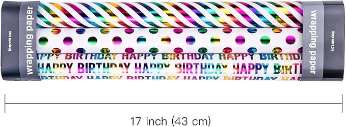 Birthday Wrapping Paper Roll - Mini Roll - 3 Rolls - 17 inch x 120 inch Per roll - Colorful Foil Birthday Design for Party, Holiday, Baby Shower