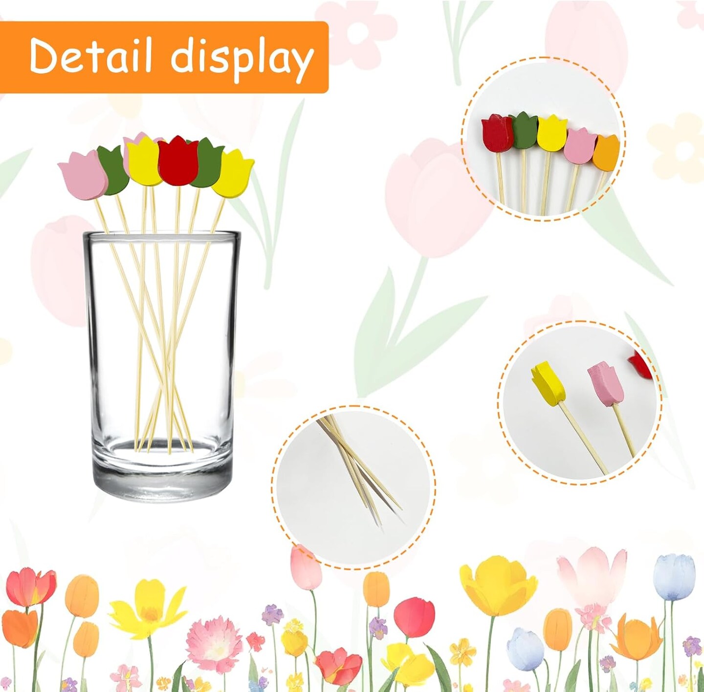 200Pcs Spring Cocktail Picks,Hello Spring Party Decorations, Spring Flower Toothpicks Daisy Sunflower Tulip Floral Decorative Toothpicks for Spring Party Drink Fruit Dessert Decoration,Tulip