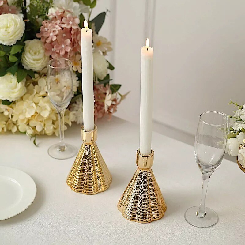 3 Metallic Gold 5 in Ribbed Cone Shaped Ceramic Taper CANDLE HOLDERS Party Event