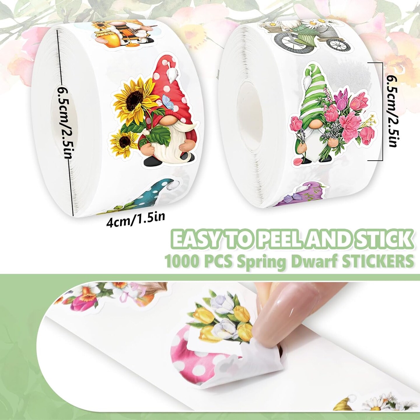 1000Pcs Spring Gnome Stickers 12 Designs Floral Gnome Decals Cute Adhesive Sealing Labels for Birthday Baby Shower Grocery Baking Bag Party Favor Supplies, 2 Rolls