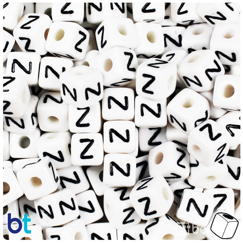 BeadTin White Opaque 10mm Cube Plastic Alpha Beads - Black Letter Z (20pcs)