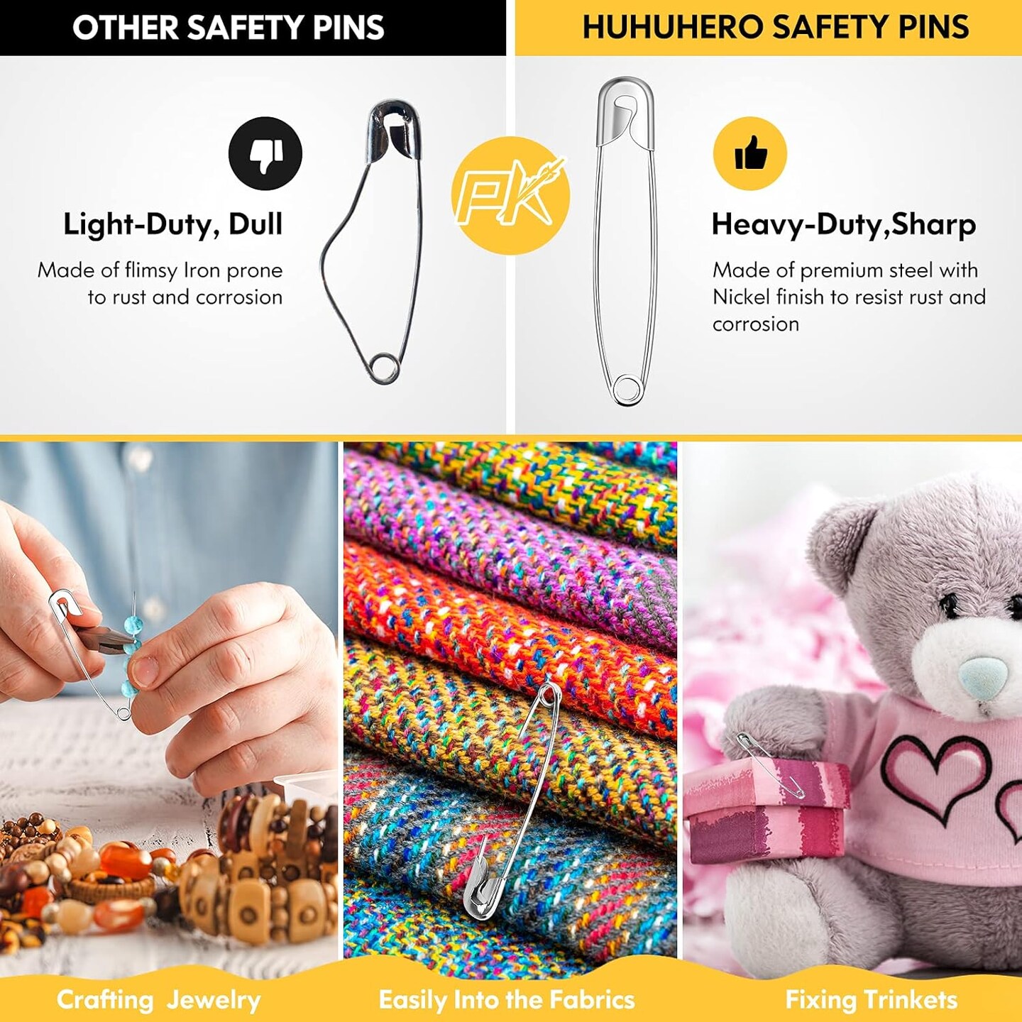 Safety Pins Assorted, 5 Different Sizes Small and Large Pin