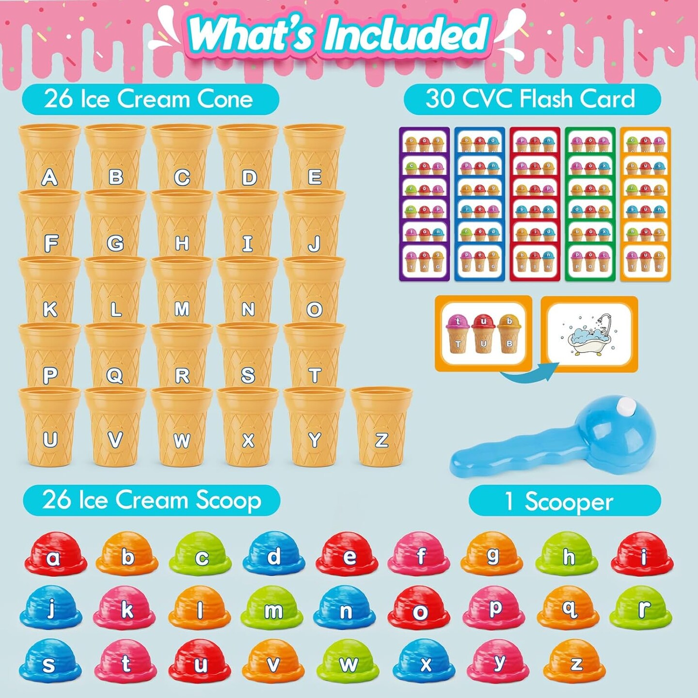 Ice Cream Alphabet Learning Toys,Color Sorting Matching Letter Game for Toddlers,Stacking Montessori Preschool Kindergarten Learning Activities,Educational ABC Fine Motor Skills Toys