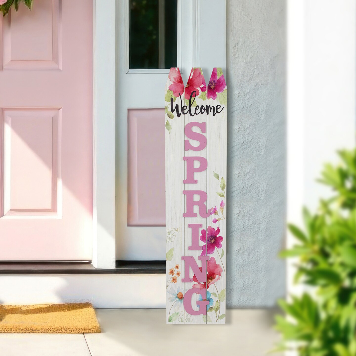 Northlight 40&#x22; Welcome Spring Floral Outdoor Porch Board Sign Decoration